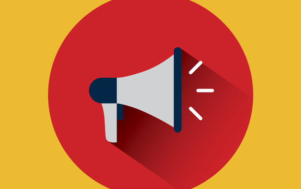 megaphone device icon over red circle and yellow background